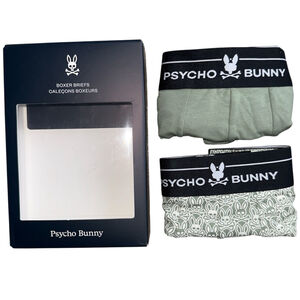 Psycho Bunny Mens Small Boxer Briefs 2 Pack Olive Green Logo Black Waistband New